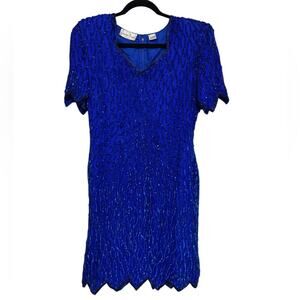 Vintage 80s Laurence Kazar All Over Beaded Sequin Dress in Blue - Size L